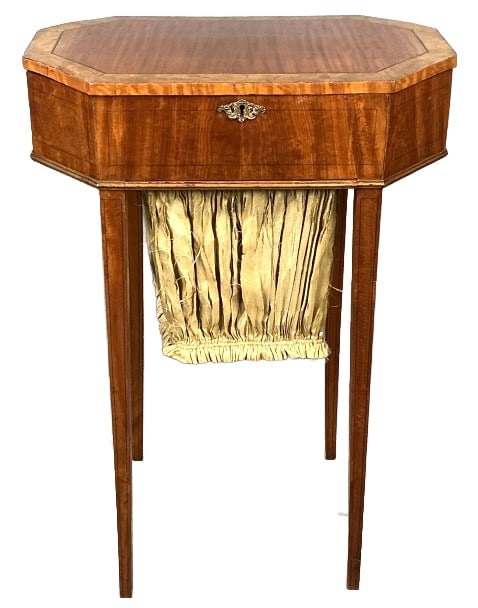 19th Century Satinwood Sewing Work Table: 19th Century satinwood sewing/work table. Measures 39"h x 20.5?w x 14?d. Condition: Worn and ripped basket, overall wear.