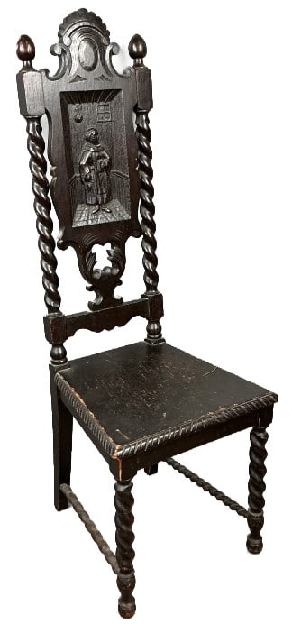 Black Forest Style Barley Twist Oak Monk Chair: Black Forest style barley twist oak side chair with carved monk motif. Measures 47"h x 16.5?w x 16?d. Condition: Some wear to finish on seat, scratches and scuffs.