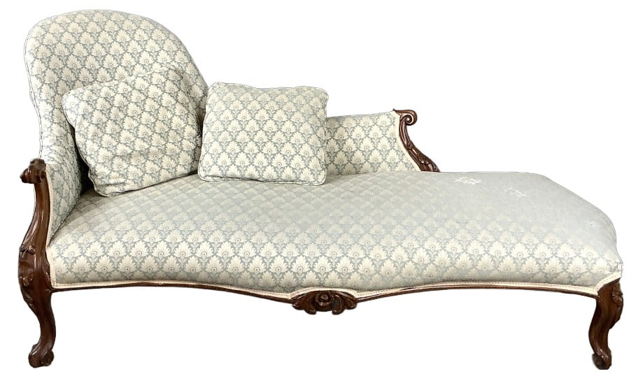 Victorian Upholstered Chaise Lounge: Victorian upholstered chaise lounge. Measures 33"h x 73"w x 34"d. Condition: Some scratches and scuffs to wood, minor stains.