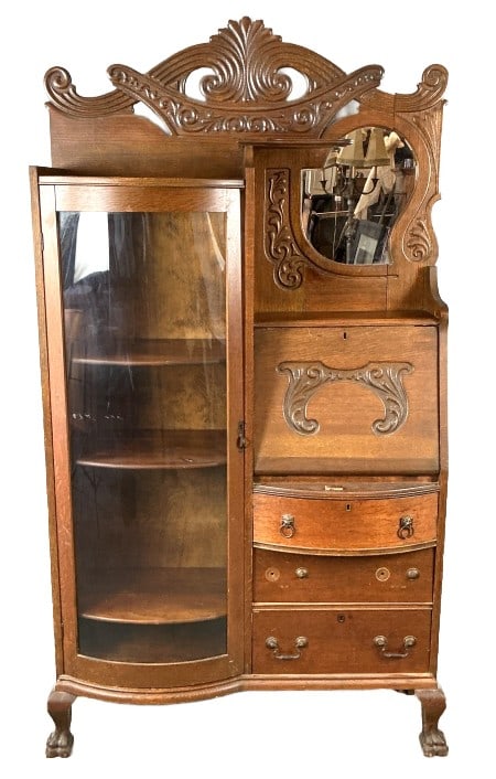 Victorian Oak Side-by-Side Secretary Desk: Victorian oak side-by-side secretary desk. Measures 72.5"h x 41.5"w x 15"d. Condition: Overall wear, scratches and scuffs. One loose handle, one missing handle. Missing one back board.