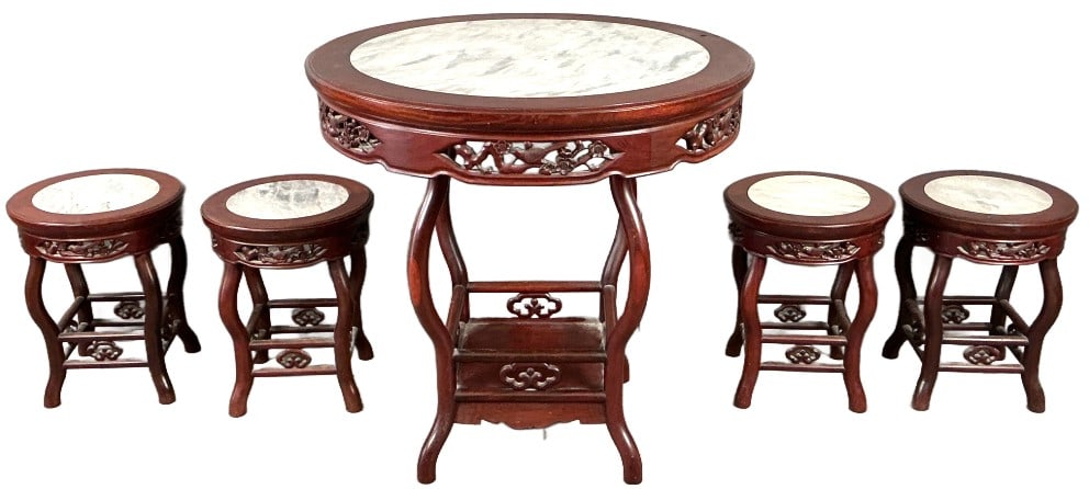 Chinese Hardwood & Marble Table with 4 Stools (1 of 4)