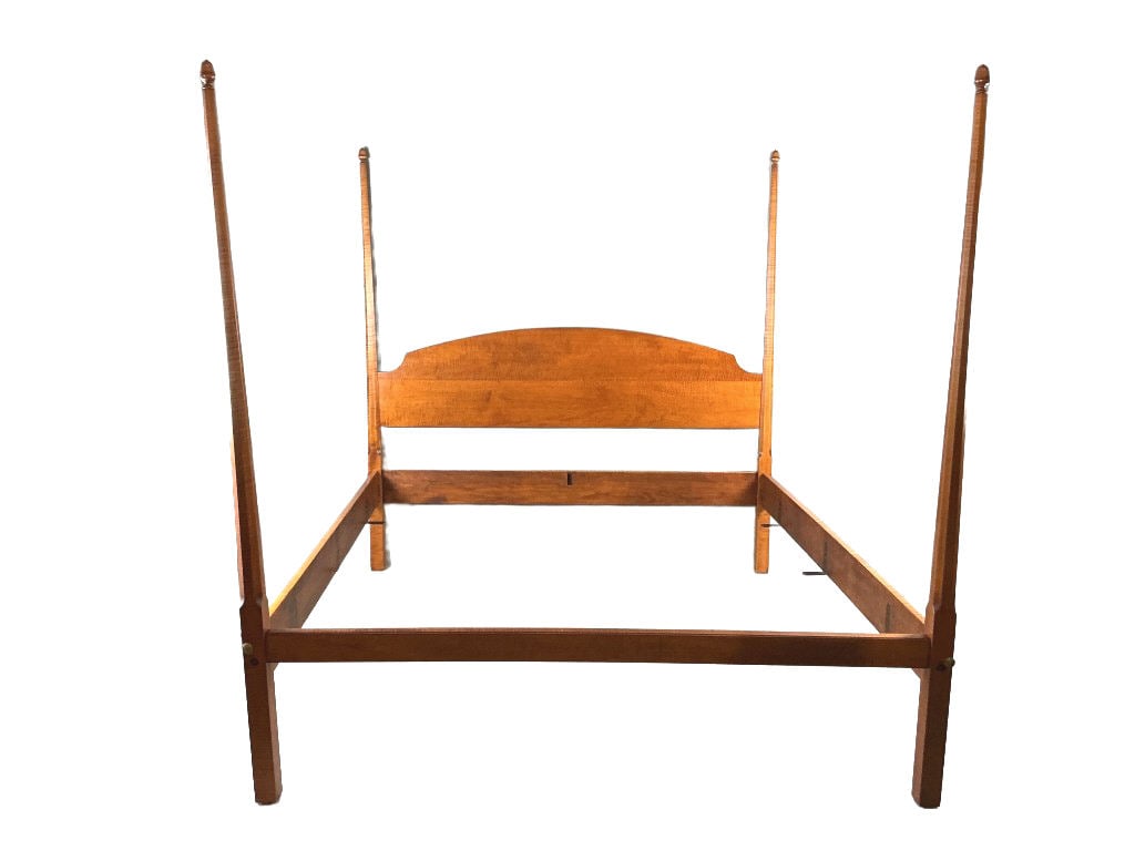 Leonards Tiger Maple Four Poster King Size Bed: Leonards Tiger Maple Four Poster King Size Bed. 84"h x81 3/4"w x 86"d. Condition: Good.