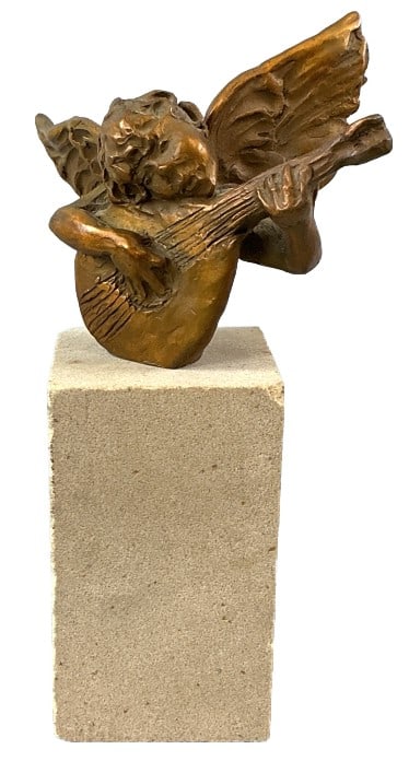 DeDecker (American, 1961) Bronze Cherub Sculpture: Jane DeDecker (American, b. 1961) bronze cherub musician sculpture. Signed and numbered, 47/50. Measures 6.5"h x 3.5"w x 3.75"d. Condition: Some chips to base, scratches.