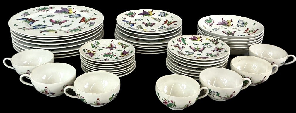 Saks Fifth Avenue Japanese Butterfly Service for 8: Vintage Japanese porcelain partial service for 8. Some pieces marked Saks Fifth Avenue, some pieces marked ACF. Butterfly pattern. Comprised of: 8 dinner plates, 8 luncheon plates, 6 bowls, 8 dessert