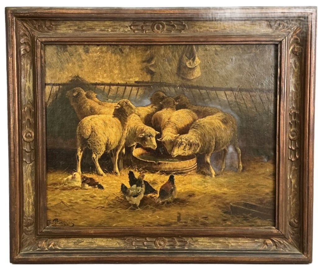 Signed Sheep in Sheepfold Oil Painting: Oil on canvas painting. Signed lower left partially legible, possibly R. Peuennig. Sheep in a sheepfold. Sight measures 20.5"h x 25.75"w. Condition: Needs cleaning, Craquelure, old restorations.