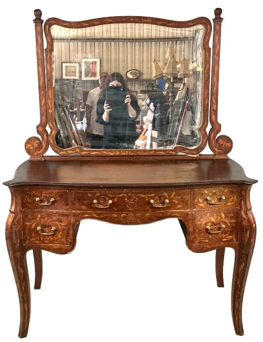Dutch Marquetry Vanity Table & Mirror: Dutch marquetry vanity table with mirror. Measures 65.5"h x 48"w x 23"d. Condition: Overall wear. Scratches and scuffs, old repairs.