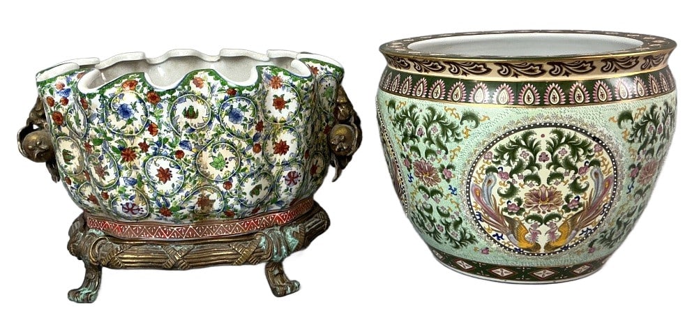 2 Chinese Porcelain Jardinieres: 2 Chinese porcelain jardinieres with hand painted enamel. One with stand. Round jardiniere measures 11.25"h x 14.25"dia. Condition: Some scratches, crazing, small chips, minor loss to enamel.