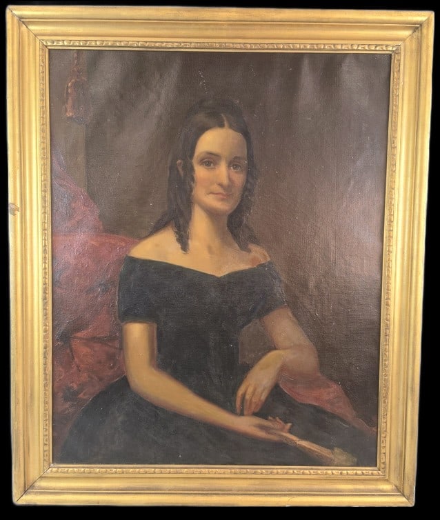 19th C. Portrait of a Lady: 19th C. Portrait of a Lady. Oil on canvas, unsigned. Sight: 35 1/2"h x 28 1/4"w Condition: Craquelure, scratches, missing paint. Frame scratches, missing gesso, gouged.