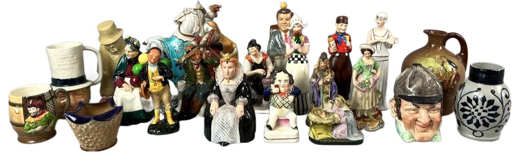 Large Grouping of Figurines & Pottery: Large grouping of figurines and pottery. Comprised of: 3 Royal Doulton Figurines and 1 Royal Doulton Jug. 1 Doulton Lambeth stoneware planter. 1 Italian pottery knight on horseback figurine. 1 John F 