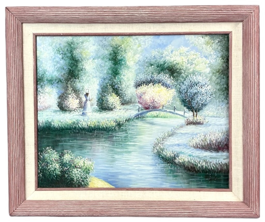 P. Sandee Impressionist Style Landscape Painting: P. Sandee impressionist style oil on canvas painting. Signed lower right, possibly Philip Sandee (American, 1904-1996). Landscape with woman. Sight measures 15.25"h x 19.5"w. Condition: Good.