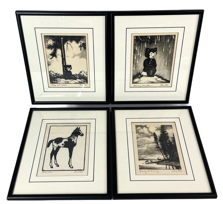 Group of Olive Fell (American, 1896-1980) Etchings: Group of 4 Olive Fell etchings. Signed and titled on the margins. Bear cubs, horse, and deer. Comprised of: Way Out West, Stormy Weather, Calico Kid, and Early Morning. Sights measure 8.25"h x 6.25"w.