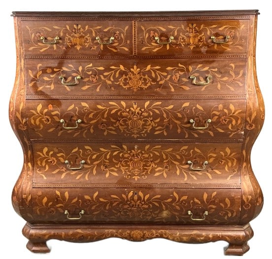 Dutch Marquetry Bombe High Chest: Dutch marquetry bombe high chest. Measures 53"h x 54"w x 23.5"d. Condition: Some chipped wood, scratches and scuffs. Overall wear.