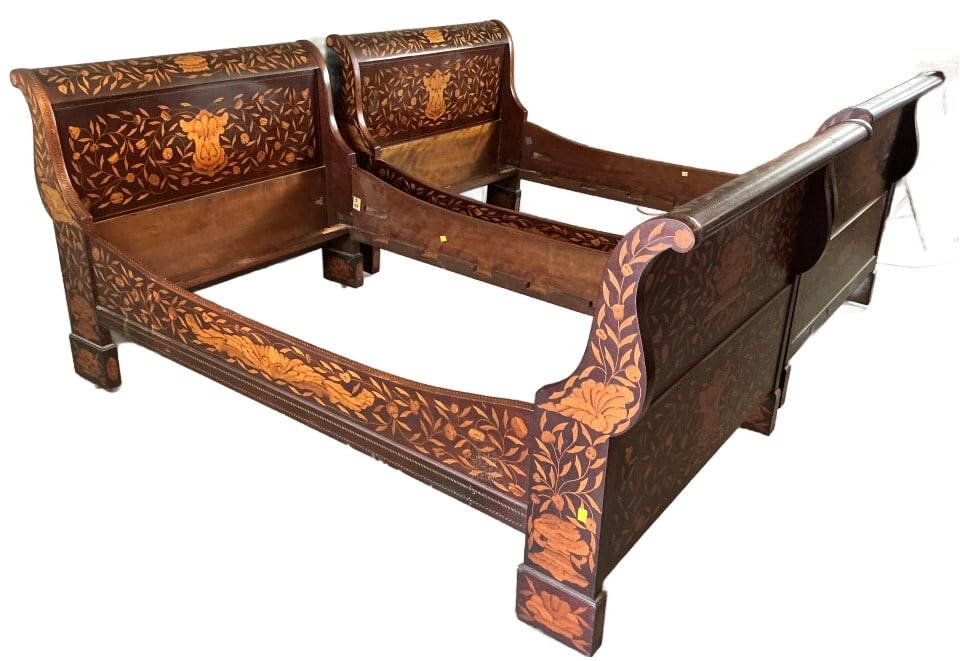 Pair of Dutch Marquetry Beds: Pair of Dutch marquetry beds. Frames measure 40"h x 87.5"w x 46"d. For mattress size 75"l x 42"w. Condition: Some scratches and scuffs. Overall wear. Disassembled for storage.