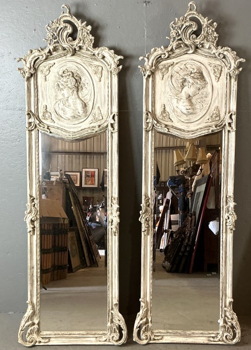 Pair Rococo Style White Full Length Mirrors: Pair of Rococo style white painted wood full length mirrors. Measure 69"h x 22.5"w. Condition: Some scratches and chipped paint.