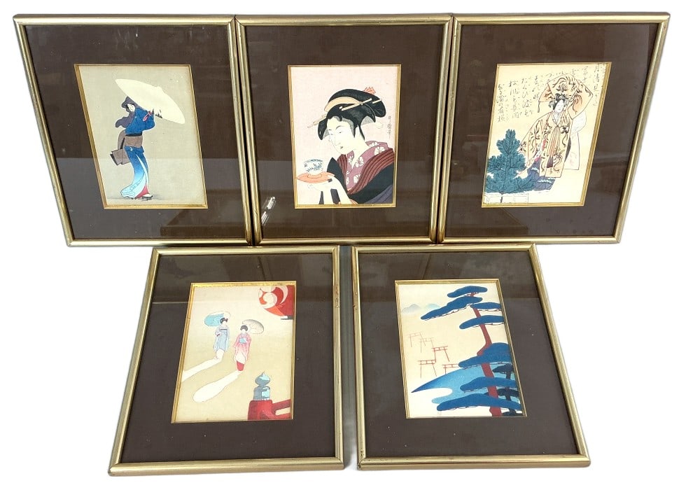 Group of Japanese Ukiyo-E Style Wood Block Prints: Group of 5 Japanese Ukiyo-E style wood block prints and paintings. Women and landscape. Sights measure 7.25"h x 5"w. Condition: Good. Some wear to frames.