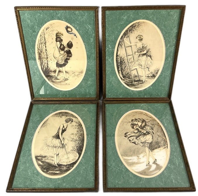Group of Art Deco Lady Lithographs: Group of 4 Art Deco era lithographs. Fashionable ladies. Sights measure 12"h x 7.75"w. Condition: Some foxing, wear to frames.