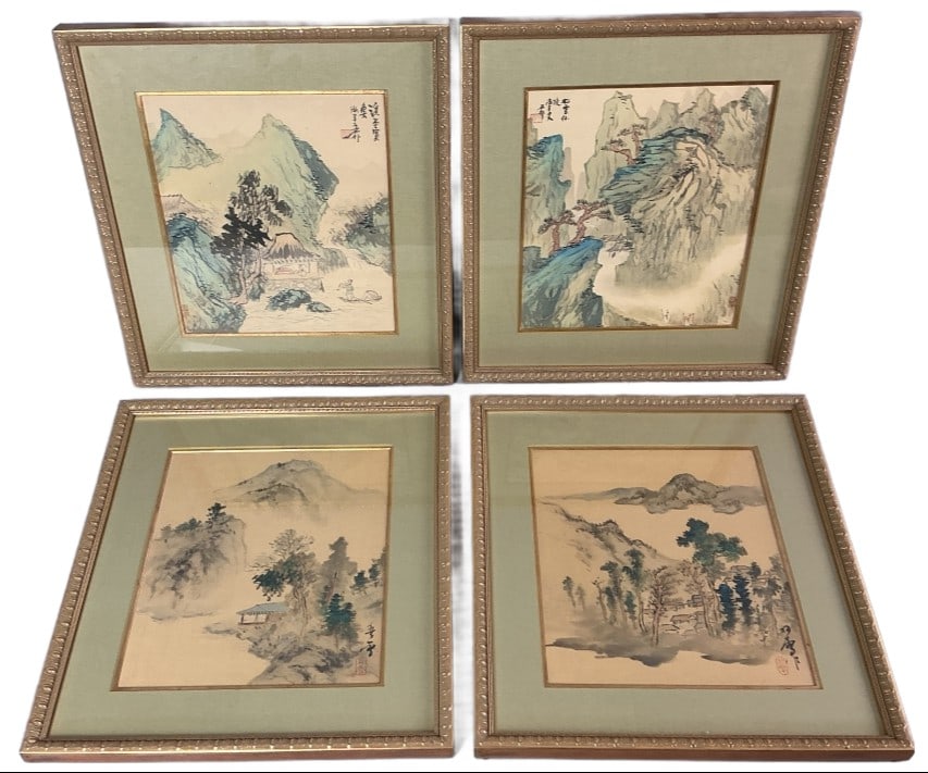 Group of Asian Landscape Silk Paintings: Group of 4 Asian watercolor and ink paintings on silk. Landscapes. All with red seals and calligraphy inscriptions. Sights measure 10.25"h x 9"w. Condition: Some discoloration.