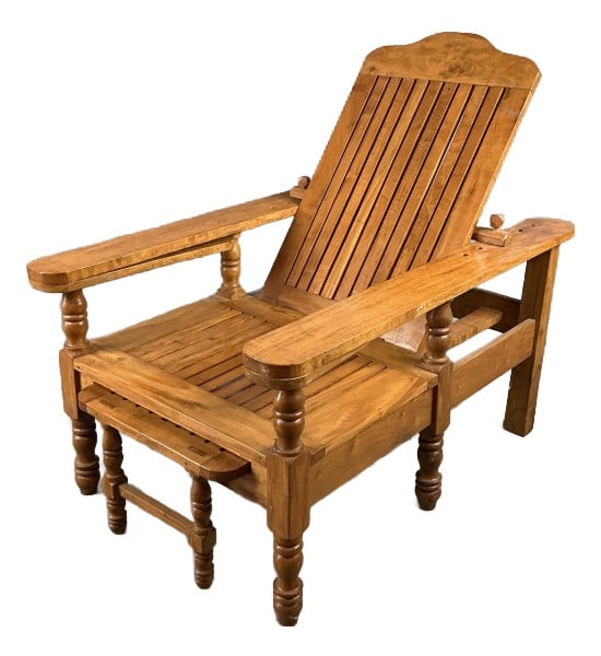 Teak Wood Adjustable Chair with Footrest: Teak wood chair with adjustable back and footrest. Measures 40"h x 30.5?w x 44?d. Condition: Some scratches and scuffs, some cracks.