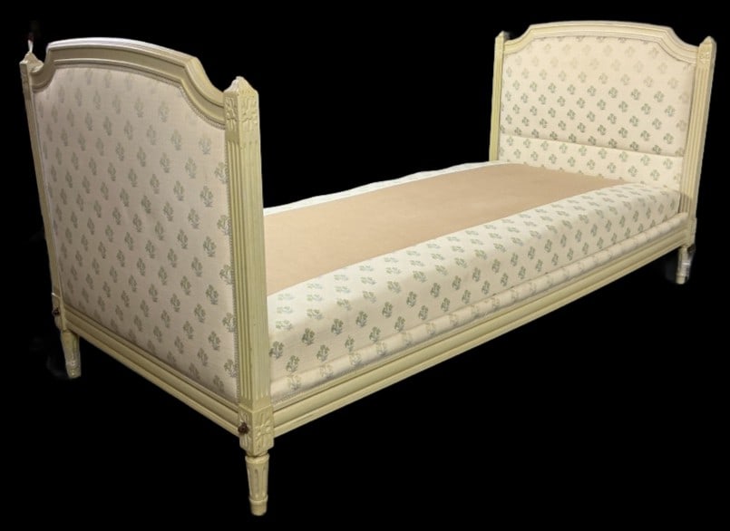 Louis XVI Twin Upholstered Bed: Louis XVI twin size upholstered bed. Measures 36.5"h x 78"w x 35?d. Condition: Minor wear, scratches and scuffs.