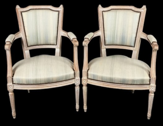 Pair of Louis XVI Style Fauteuil Armchairs: Pair of Louis XVI style fauteuil armchairs. Measure 33"h x 22.5"w x 22"d. Condition: Some minor stains, scratches and scuffs.
