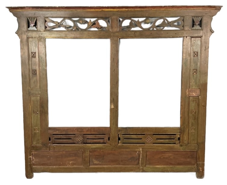 Asian Carved Wood Window Surround Wall Panel: Asian carved wood window surround or wall panel. Measures 60"h x 72"w x 3"d. Condition: Scratches and scuffs, some wood loss.