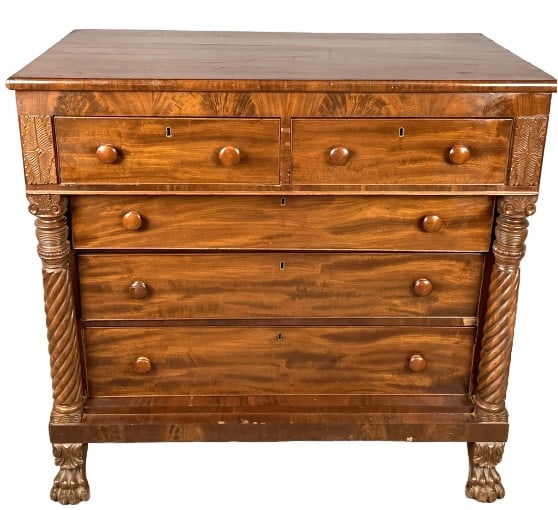 Emprire Mahogany 5 Drawer Chest: Emprire Mahogany 5 Drawer Chest. 42 1/4"h x 45"w x 43 3/4"d Condition: Some chipped veneer, loss of side molding, scratches, scuffs.