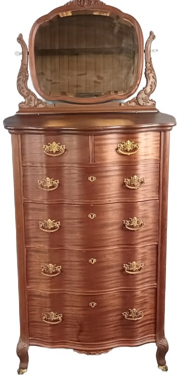 Victorian Serpentine Front Tall Chest: Victorian Serpentine Front Tall Chest. Mfg. by Paine Furniture Co. Boston MA. 74"h x 33"w x 22"d Condition: Some scratch & worn finish on sides, discoloration to silvering on mirror.