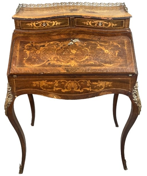 Louis XV Style Inlaid Lady's Writing Desk: Louis XV Style Inlaid Lady's Writing Desk 40 1/2"h x 30 1/2"w x 19 1/2"d Condition: Overall wear, some loss of finish and veneer