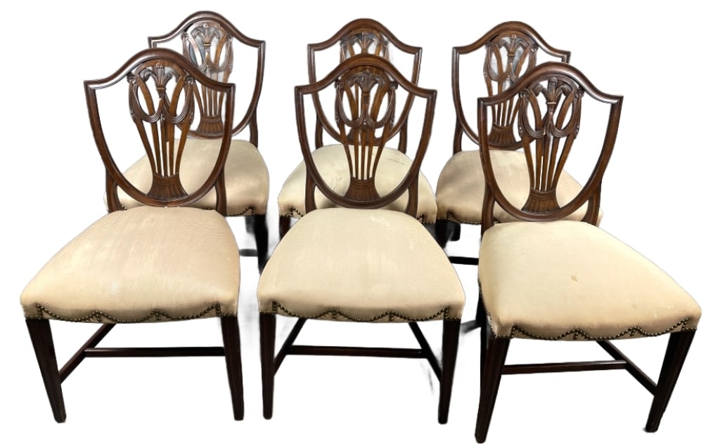 Set of 6 Mahogany Shield Back Chairs: Set of 6 Mahogany Shield Back Chairs. 38 1/4"h x 41 3/4"w x 22"d Condition: Worn fabric, scratches and scuffs to wood.