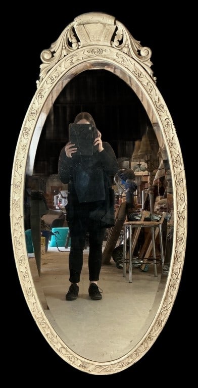 Rococo Style Paint Decorated Oval Mirror: Rococo style paint decorated oval mirror with composite frame. Measures 60.5"h x 29.5"w. Condition: Some loss to paint, scratches.