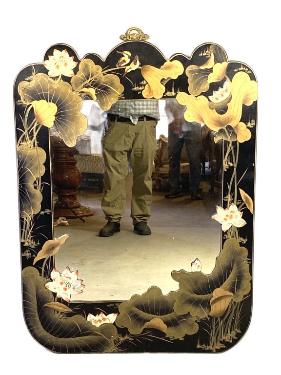 Asian Style Lily Decorated Mirror: Asian Style Lily Decorated Mirror. 48"h x 35 1/2"w Condition: Some chips to paint, scratches, scuffs.