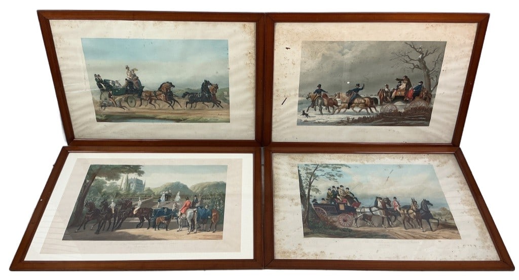 Group After Montpezat Seasons Aquatint Etchings: Group of 4 antique aquatint etchings after Henri Auguste de Montpezat. From The Life of a Gentleman in all Seasons. Spring, Summer, Autumn, and Winter. Published 1846, E Gambart, Junin & Co/Goupil & V