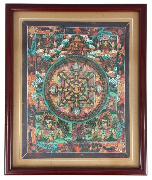 Buddhist Thangka Mandala Painting: Buddhist Thangka mandala painting on cloth. Sight measures 15"h x 12"w. Condition: Good.