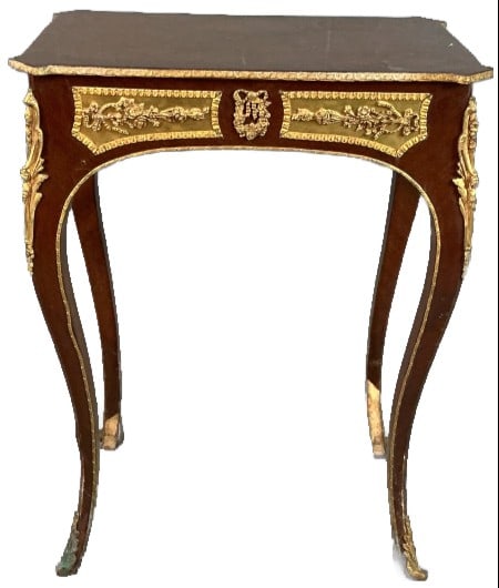 Louis XV Style Bronze Mounted Side Table: Louis XV style side table with ornate ormolu bronze mounts and inlaid top. Measures 31.5"h x 23.5"w x 15.25"d. Condition: Some scratches and scuffs, loss to veneer and patina to bronze.