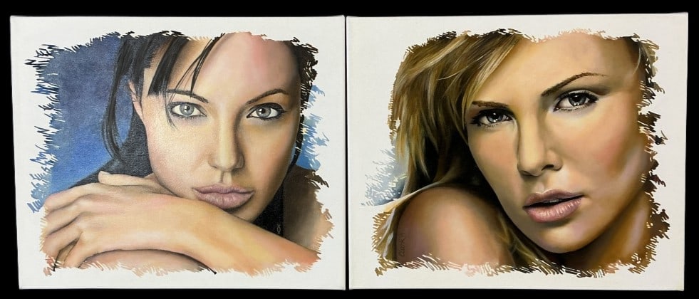 Pair David Clark Celebrity Portrait Paintings: Pair of David Clark (American, 20th Century) acrylic painting on canvas. One signed lower left. Celebrity portraits. Comprised of: Angeline Jolie and Charlize Theron. Measure 14"h x 17"w. Condition: G