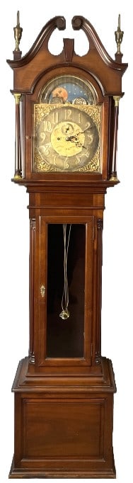 Elliott of London Mahogany Tall Case Clock: Elliott of London Mahogany Tall Case Clock. 91"h x 21 1/2"w x 14 1/4"d. Condition: Untested, scratches, scuffs.