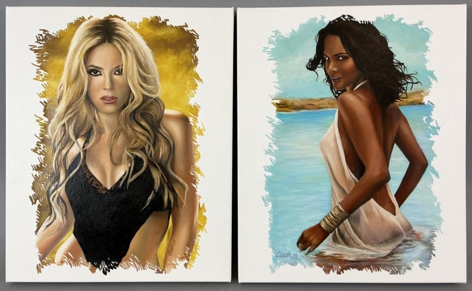 Pair of David Clark Celebrity Portrait Paintings: Pair of David Clark (American, 20th Century) acrylic paintings on canvas. Signed at lower right and lower left. Celebrity portraits. Comprised of: Shakira and Halle Berry. Measure 14"h x 17"w. Conditi