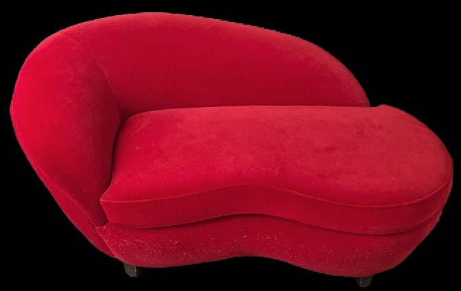 Art Deco Style Red Velvet Chaise Lounge: Art Deco Style Red Velvet Chaise Lounge. 32"h x 64"w x 36"d. Condition: Stains & cat claw pulls to fabric.
