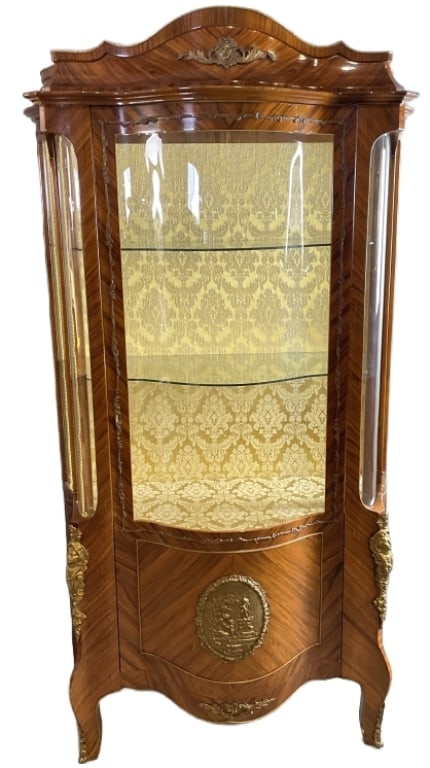 Louis XV Style Vitrine Cabinet: Louis XV Style Vitrine Cabinet 78"h x 40 1/2"w x 19"d. Condition: Some minor cracks to veneer, some chipped veneer, scratches and scuffs.