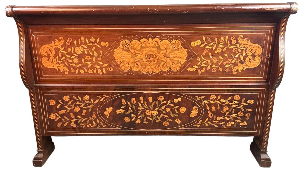 Dutch Marquetry Headboard: Dutch marquetry headboard. Measures 43"h x 65.5"w x 9.5?d. Condition: Overall wear, some scratches and scuffs, some inlay missing.