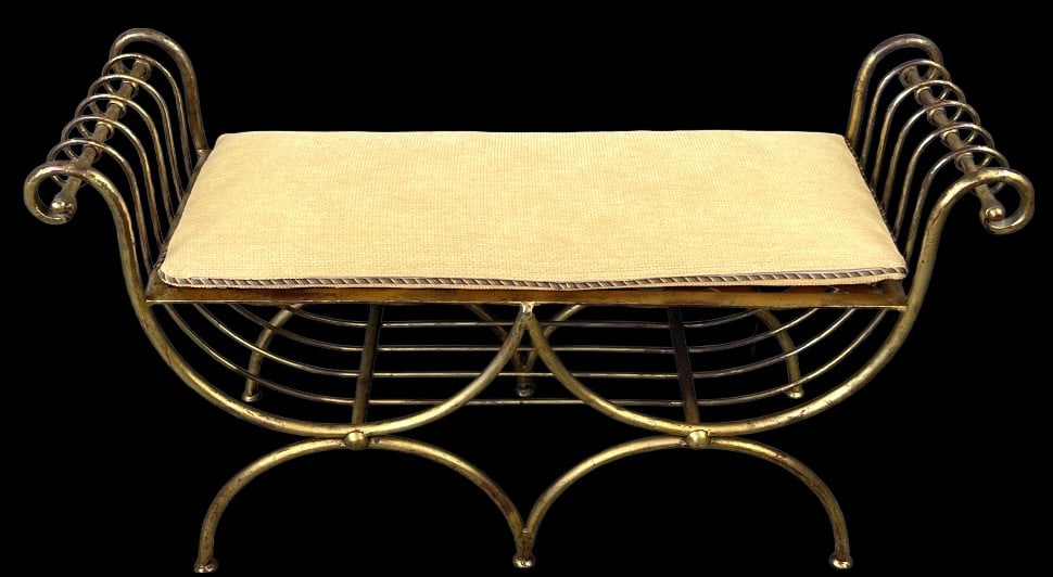 Mid Century Modern Gilt Metal Bench: Mid Century Modern Gilt Metal Bench 23 3/4"h x 43 1/2"w x 15"d. Condition: Some wear to finish.