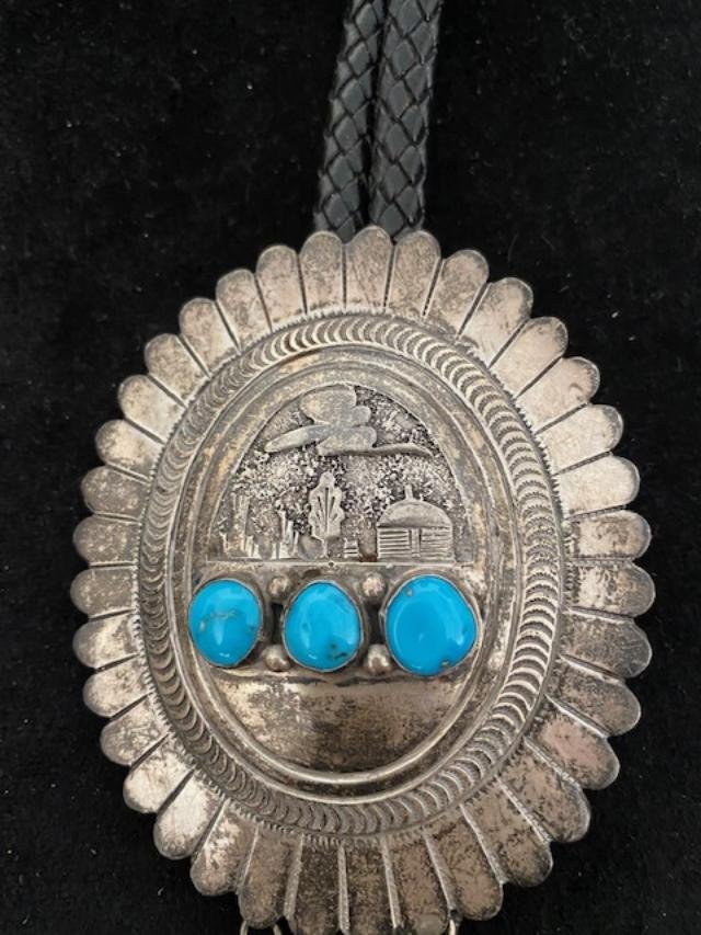 Yazzie Navajo Sterling and Turquoise Bolo Tie 1960 (1 of 4)
