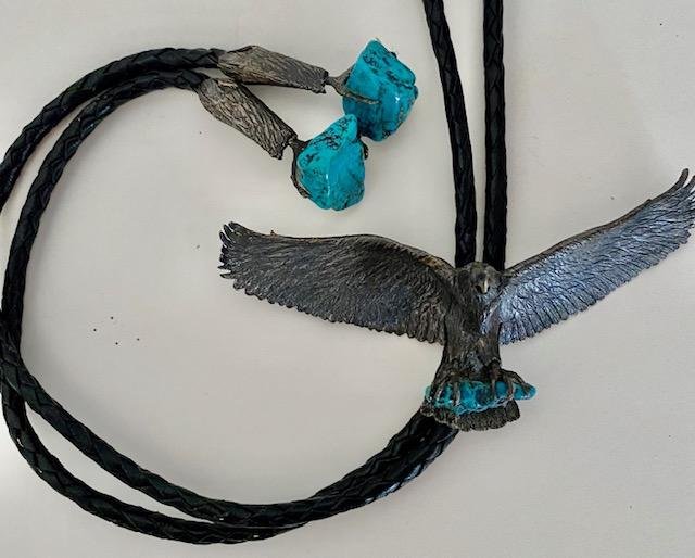 Muench Eagle Bolo Tie With Turquoise Stones ca 1977 (1 of 4)