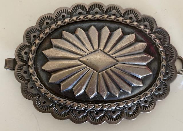 Navajo Sterling Concha Buckle Hand Stamped: Intricately designed Navajo sterling Concha buckle ONLY. Hand stamped. Signed JP. Jane Yikaazba Popovitch. FREE DOMESTIC SHIPPING.