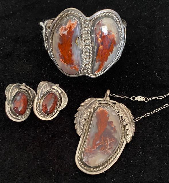 Moss Agate 3-Piece Sterling Set Signed HJJ (1 of 4)