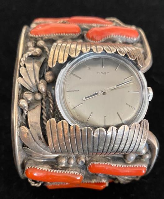 Coral Navajo Native American watch/cuff Sterling (1 of 6)