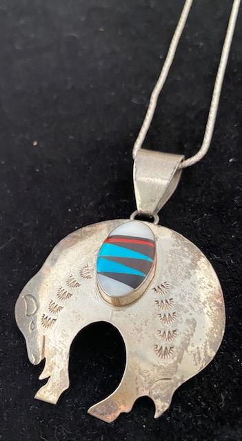 Signed Navajo Sterling Necklace With Buffalo Pendant (1 of 3)