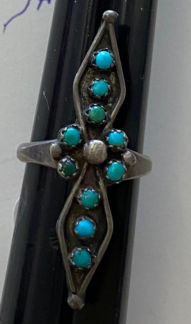 Old Pawn Native American Ring: Navajo Old Pawn Native American turquoise and sterling ring. Long design (1.5") multi colored turquoise pieces. Ring size 6. FREE DOMESTIC SHIPPING.
