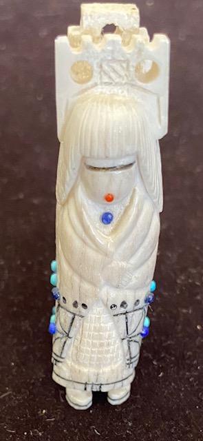Zuni Native American Double Corn Maiden: Native American Zuni signed double Corn Maiden. Carved from bone and has turquoise and onyx accents. See other Fetishes in auction. FREE DOMESTIC SHIPPING.