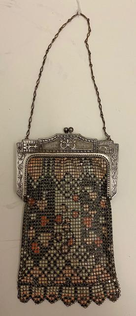 Art Deco Enamel Mesh Purse c 1930 Whitting Davis: Multicolored enamel mesh vintage clutch purse with carrying chain. A couple links connecting purse body to opening are missing. Still usable and easily repairable. See photos for details. FREE DOMESTI